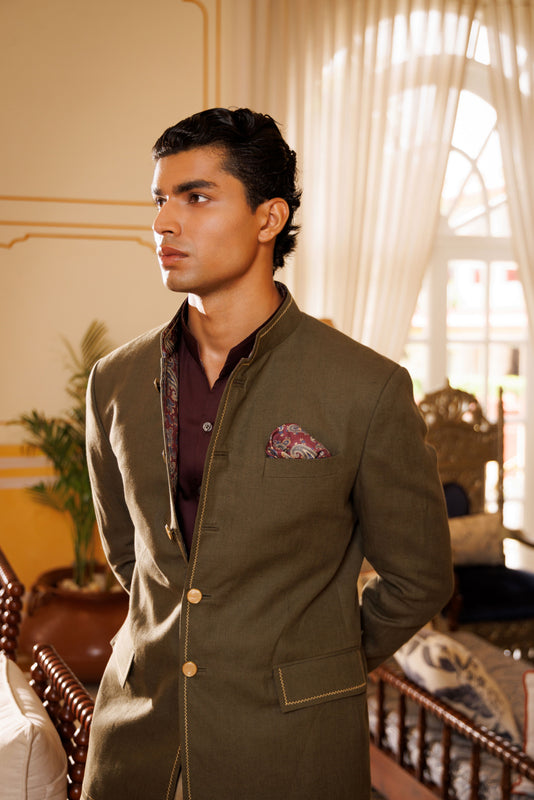 Olive Green Linen Jodhpuri