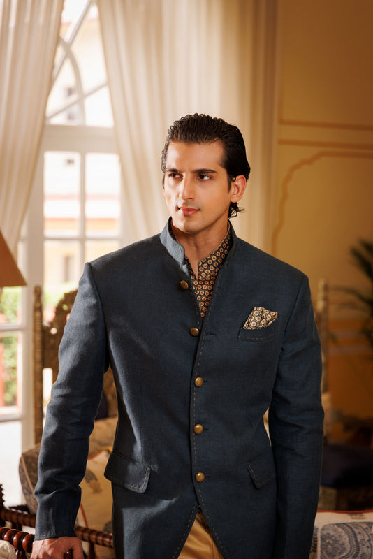 Teal Dobby Linen Jodhpuri