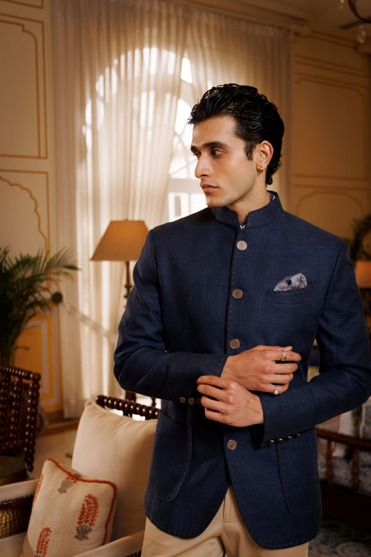 Blue Dobby Linen Jodhpuri