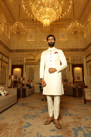 White Geometrical Embossed Achkan