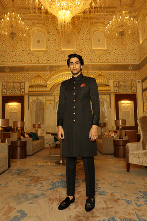 Black Geometric Achkan