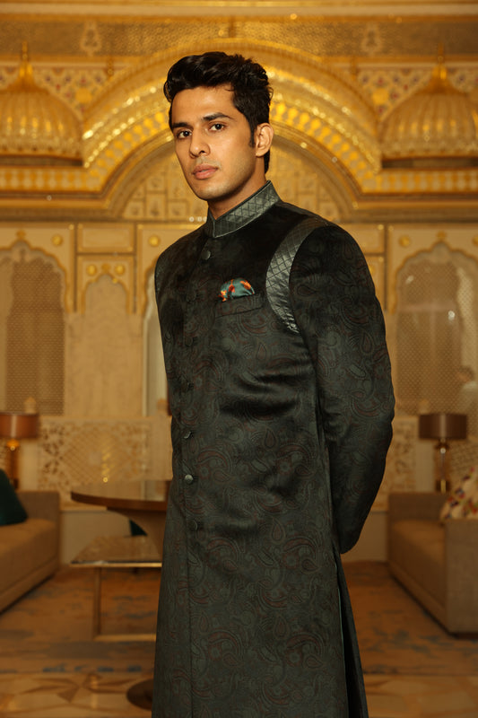 Green Multi Colour Printed Velvet Paisley Achkan
