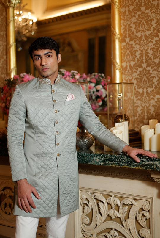 Sage Green Linen Silk Quilted Embroidered Indo Western