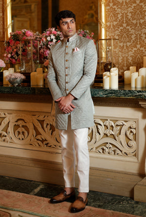 Sage Green Linen Silk Quilted Embroidered Indo Western