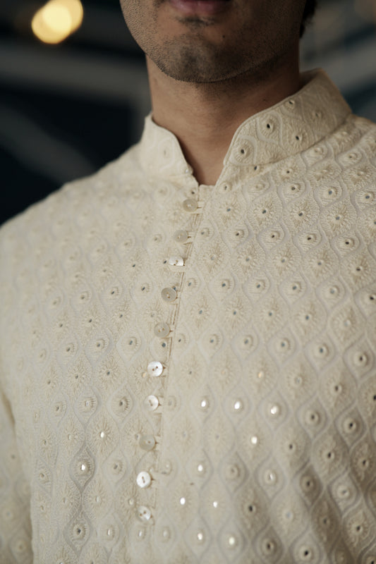 Off White Mirror Work Kurta