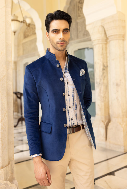 Royal Blue Ribbing Jodhpuri Bandhgala