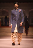 Blue Gold Matka Embroidered Achkan