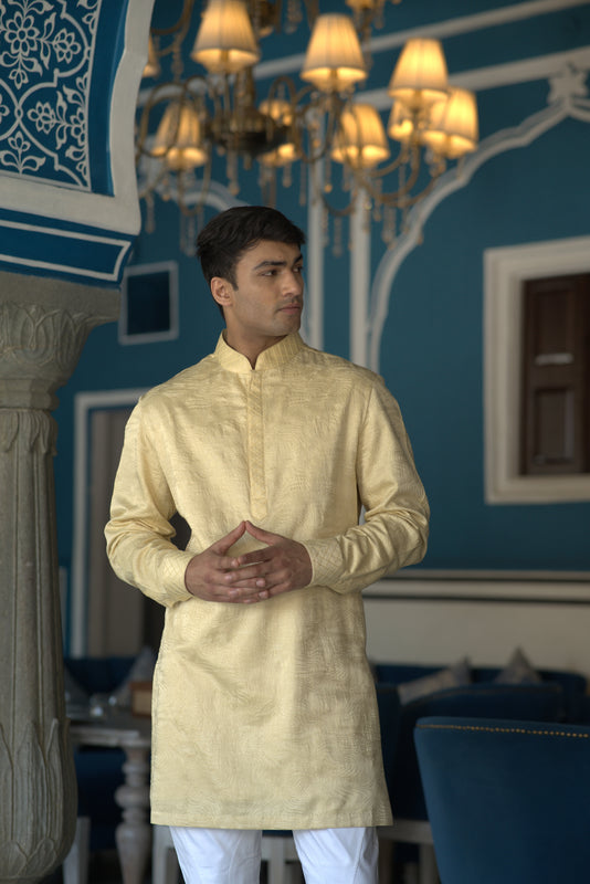 Yellow Linen Silk Abstract Emb Short Kurta