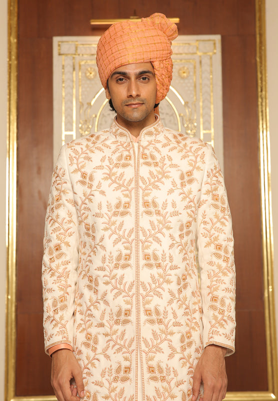 Off White Velvet Embroidered Sherwani