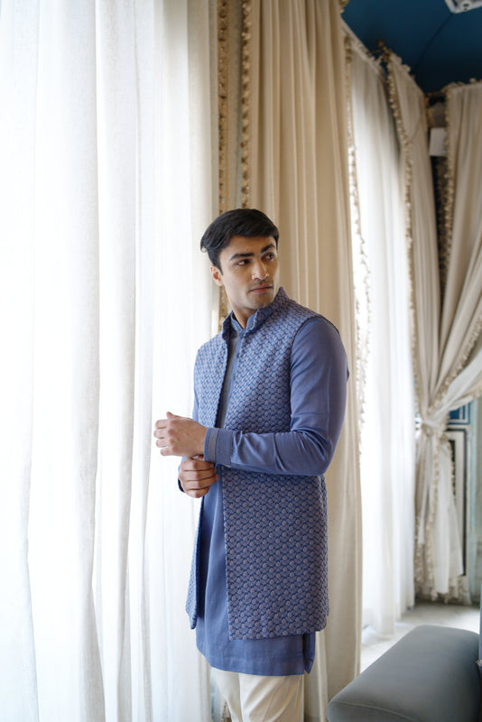 Lavender Violet Rose Embroidered Minus Half Jacket