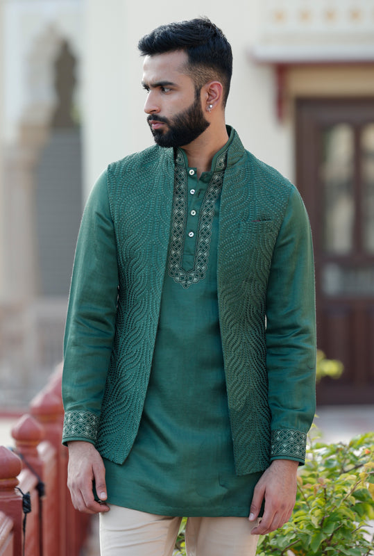 Dark Green Wavy Embroidered Minus Half Jacket