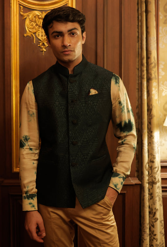 Dark Green Aztec Embossed Half Jacket