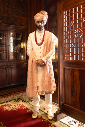 Off White Peach Highlighted Embroidered Sherwani
