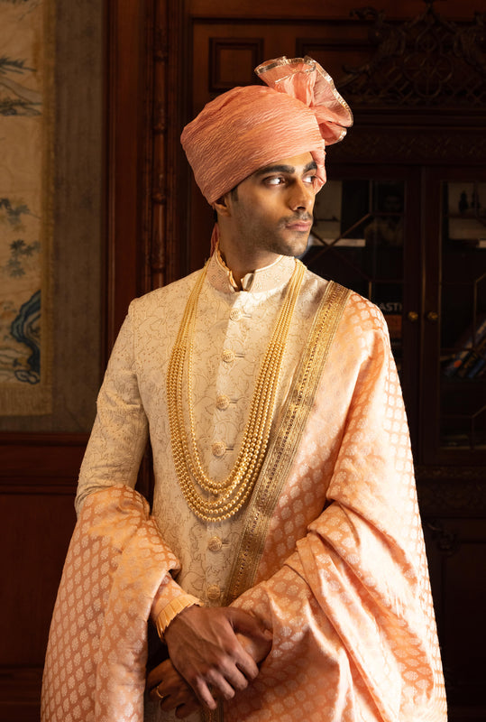 Off White Peach Floral Embroidered Sherwani