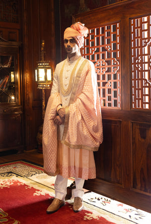 Off White Peach Floral Embroidered Sherwani