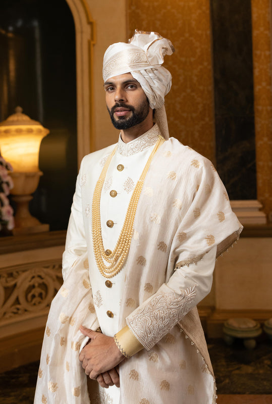Off White Silk Embroidered Sherwani