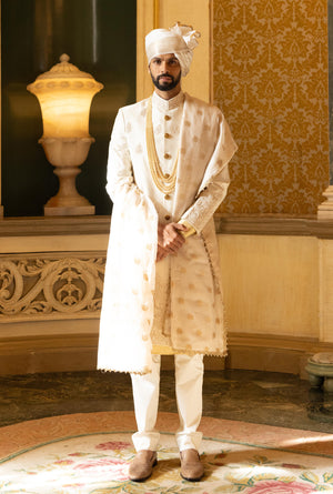 Off White Silk Embroidered Sherwani
