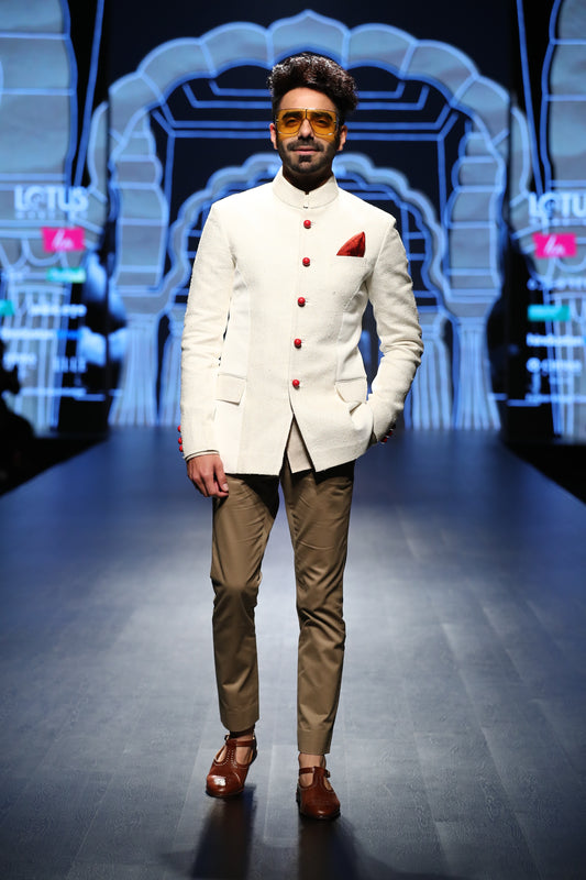 Cream Matka Silk Jodhpuri Bandhgala