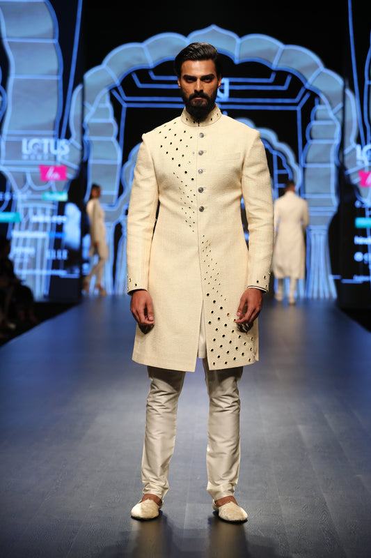 Cream Matka With Miror Work Achkan