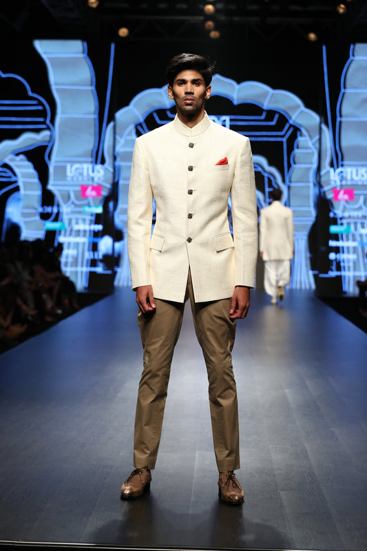 Cream Herring Matka Silk Jodhpuri Bandhgala