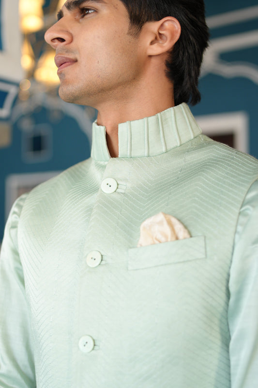 Mint Green Linen Silk Zig Zag Embroidered Half Jacket