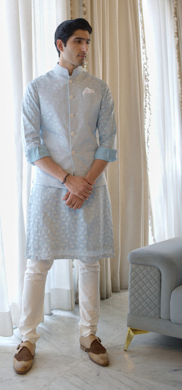 Powder Blue Linen Silk Leaf Emb. Half Jacket