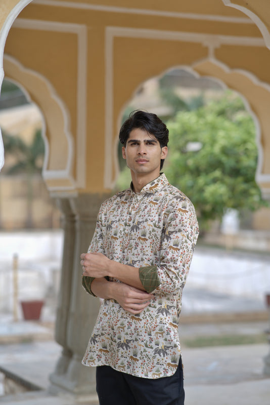 Cream Linen Silk Jungle Printed Short Kurta