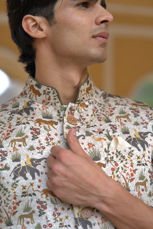 Cream Linen Silk Jungle Printed Half Jacket