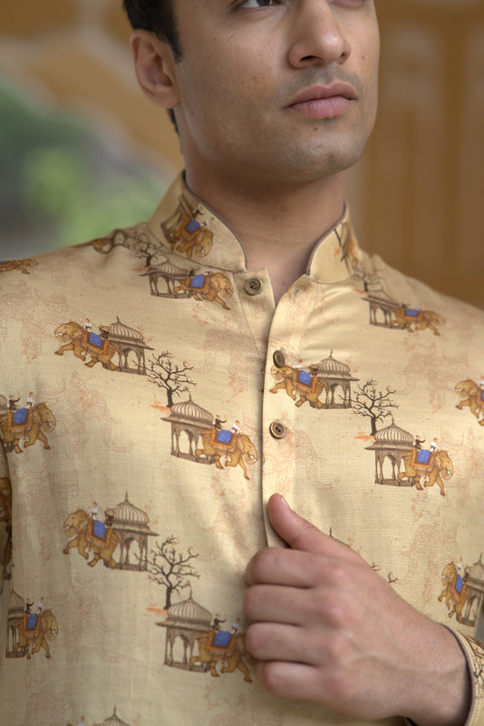 Gold Linen Silk Jungle Printed Short Kurta