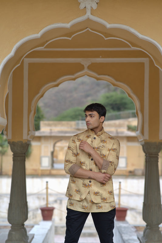 Gold Linen Silk Jungle Printed Half Jacket