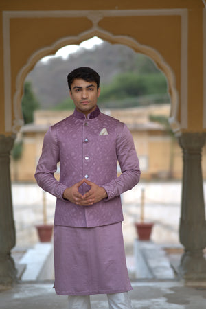 Mauve Linen Silk Flamingo Embroidered Half Jacket
