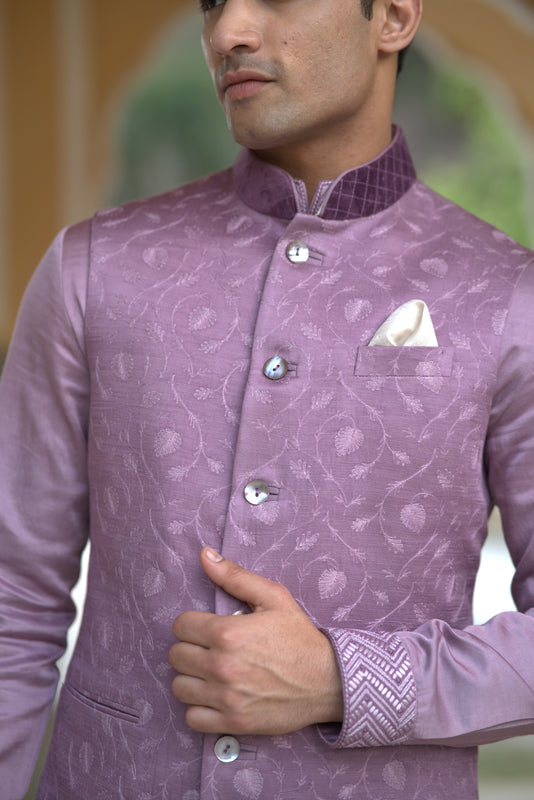 Mauve Linen Silk Flamingo Embroidered Half Jacket