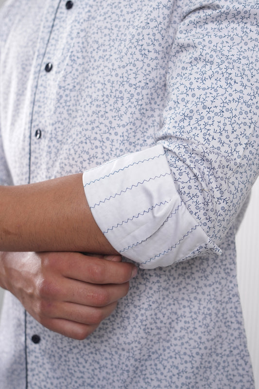 White Blue Floral Printed Cotton Shirt