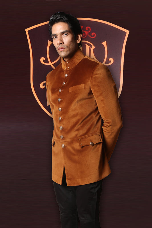 Dark Bronze Velvet Jodhpuri Bandhgala