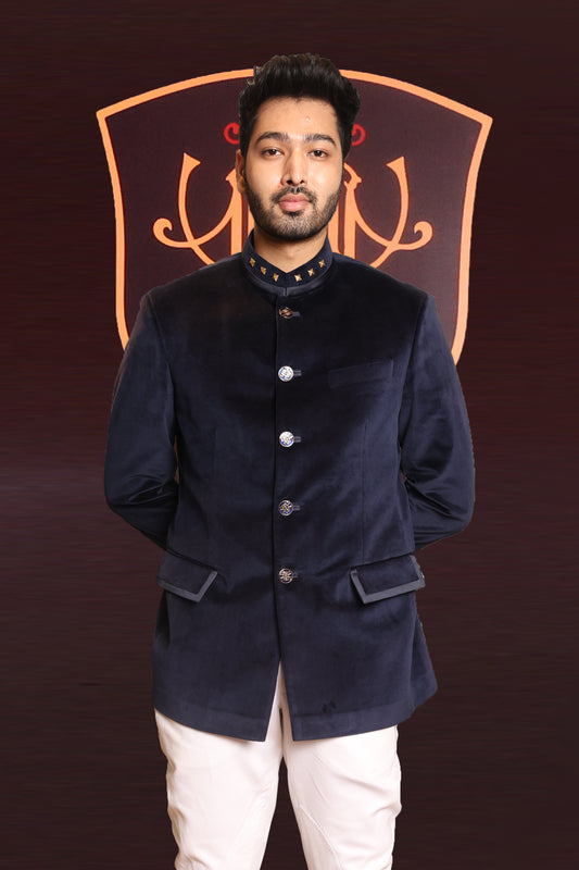 Royal Blue Velvet Jodhpuri Bandhgala