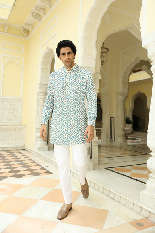 White Cyan Jaal Printed Linen Silk Short Kurta