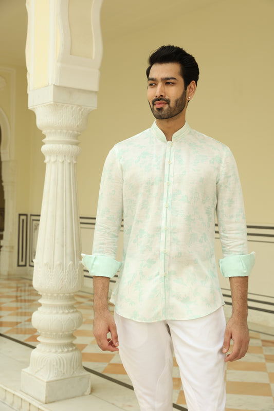 White Aqua Leaf Print Linen Silk Shirt