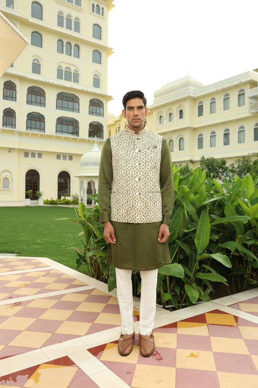 Cream Green Jaal Printed Linen Silk Half Jacket