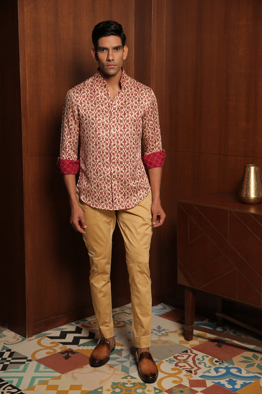 Cream Maroon Jaal Printed Linen Silk Shirt