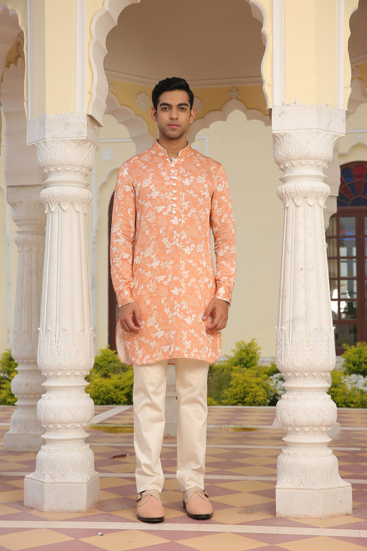 Peach White Leaf Linen Silk Printed Short Kurta