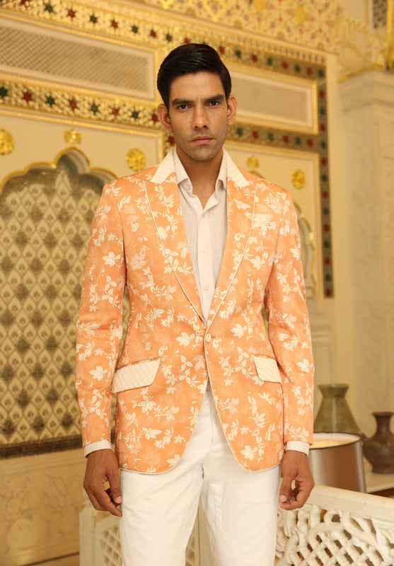 Peach White Leaf Digital Print Blazer