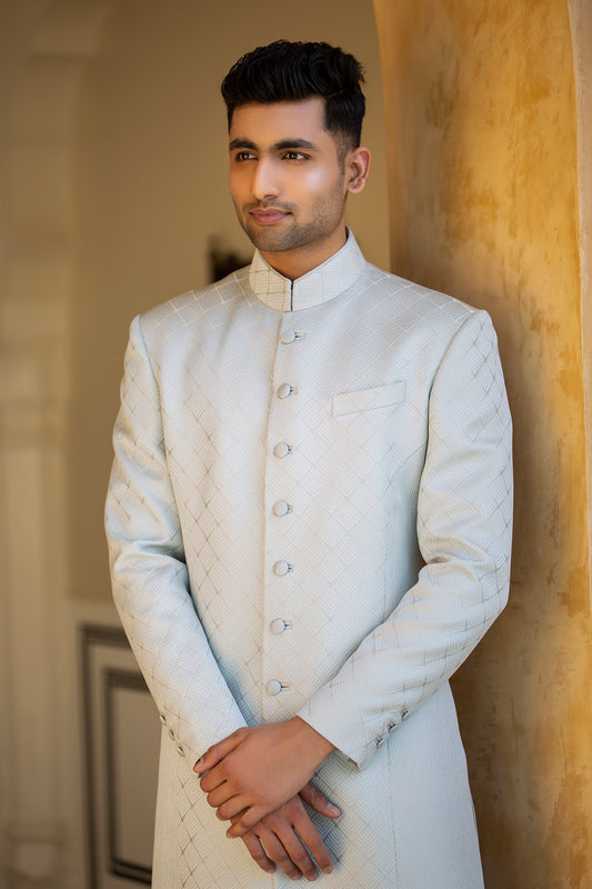 Light Aqua Textured Achkan