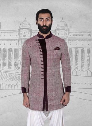 Cream Maroon Matka Silk Angrakha