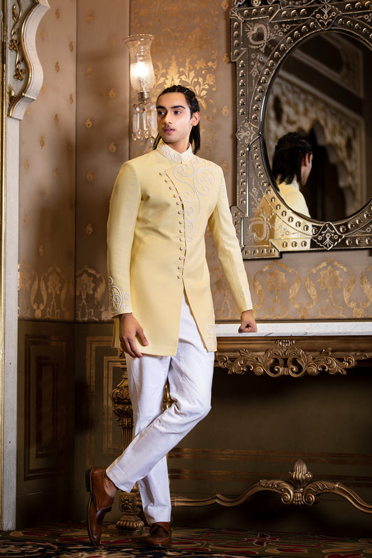 Yellow Linen Silk Angrakha