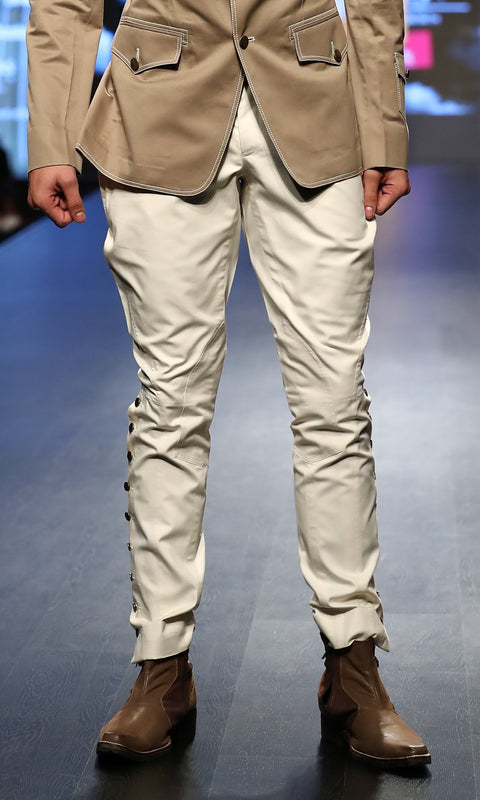 Cream Slim Fit Cotton Breeches w Side Button