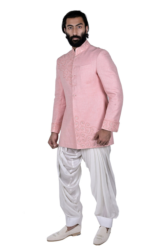 Peach/Pink Matka Silk Indowestern