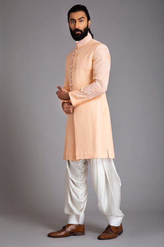 Peach Linen Silk Indowestern