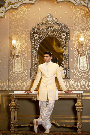 Lemon Yellow Linen Silk Indowestern