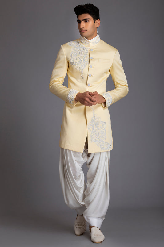 Lemon Yellow Linen Silk Indowestern