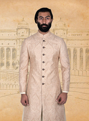 Beige Gold Embroidery Silk Sherwani